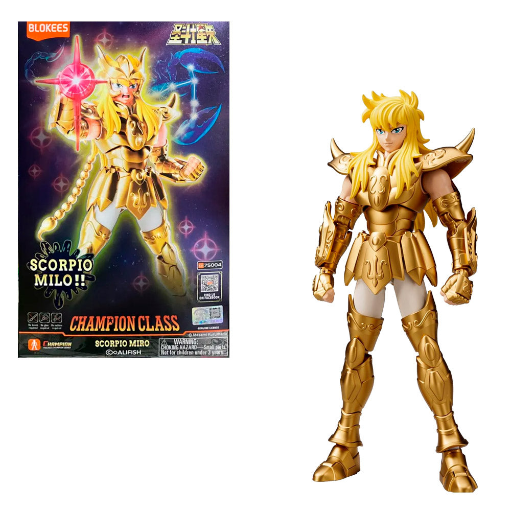 Figura Saint Seiya Milo de Escorpio Blokees con armadura dorada detallada en pose de batalla Figura Saint Seiya Milo de Escorpio Blokees con armadura dorada detallada en pose de batalla
